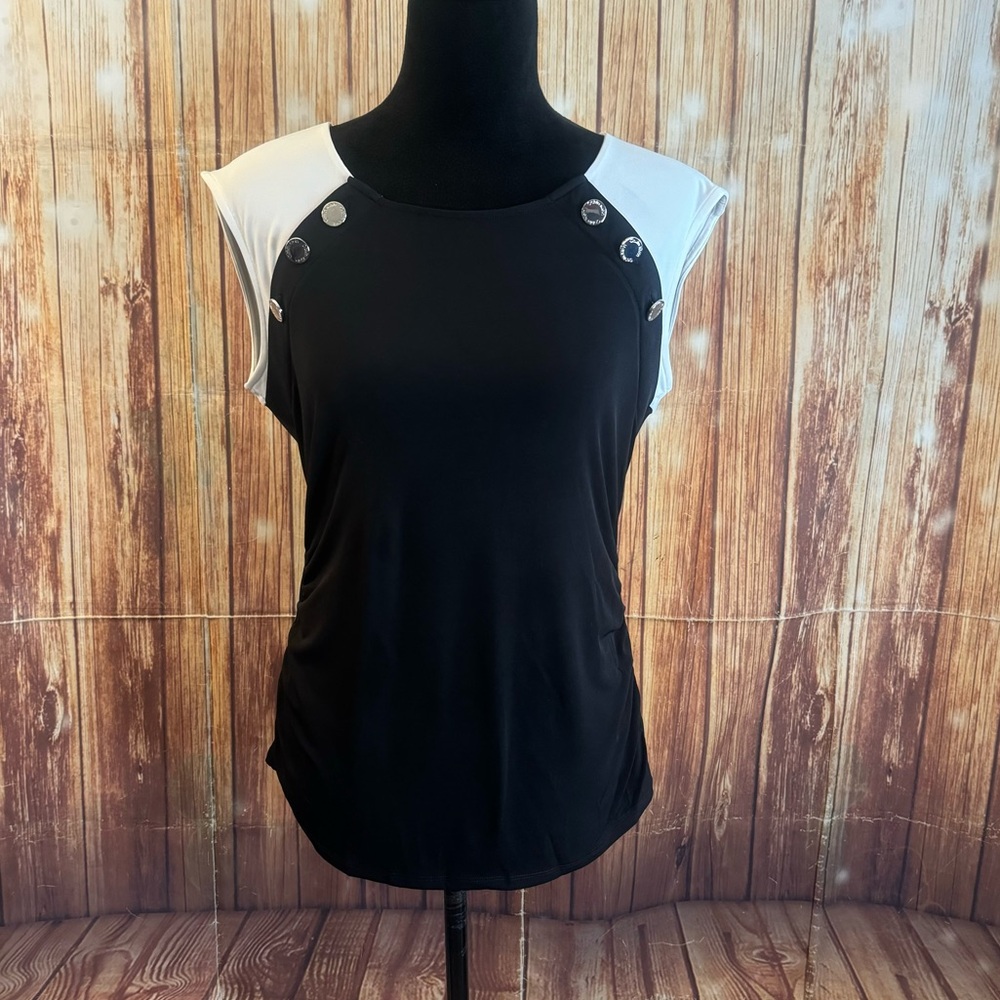 Calvin Klein Women’s Sleeveless Black & White Blouse Button Detail Size Medium